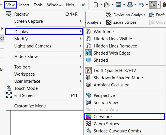 فعال نمودن ابزار Curvature در محیط نرمافزار Solidworks